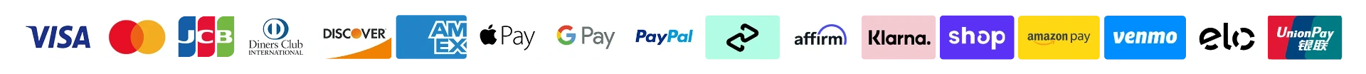 Akzeptierte Zahlungsmethoden: Visa, Mastercard, JCB, Diners Club, Discover, Amex, Apple Pay, Google Pay, PayPal, Affirm, Klarna, Shop, Amazon Pay, Venmo, Elo, UnionPay